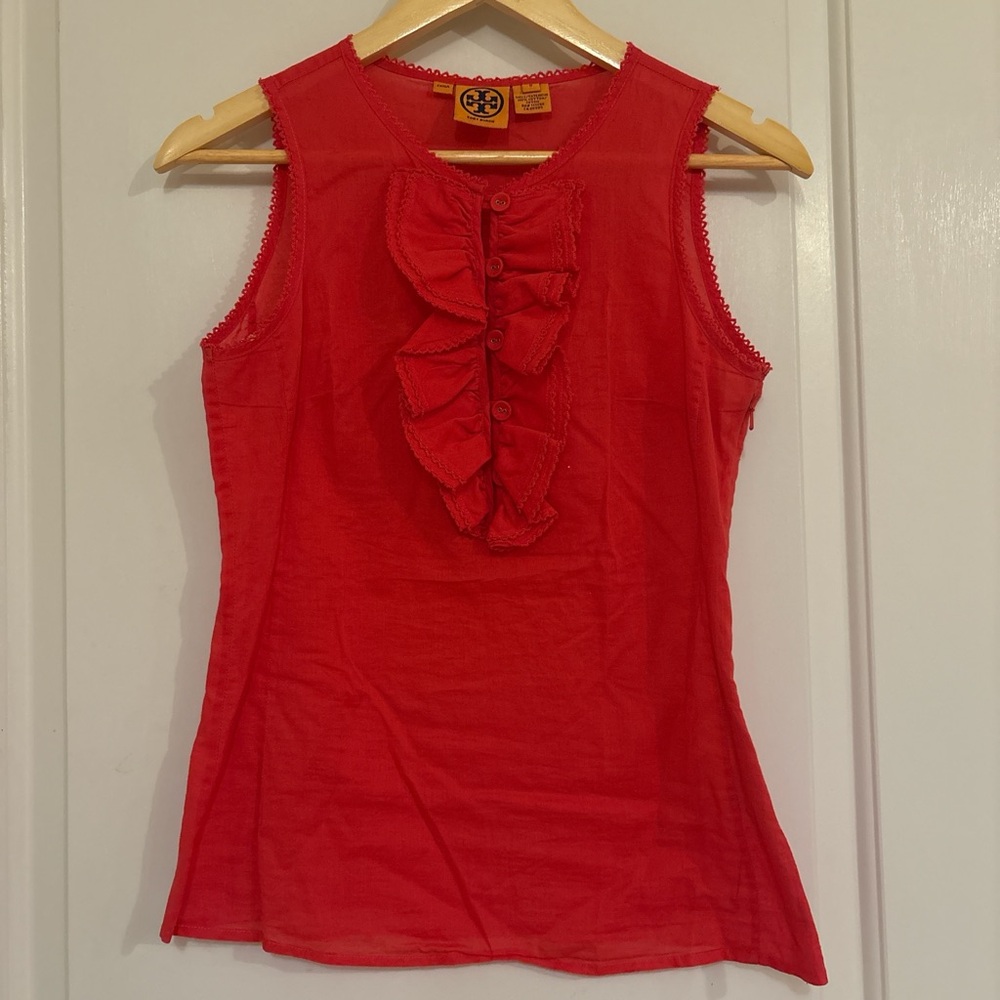 Last chance! Tory Burch deep melon Ruffle Sleeveless 100% Cotton Blouse, Sz 0